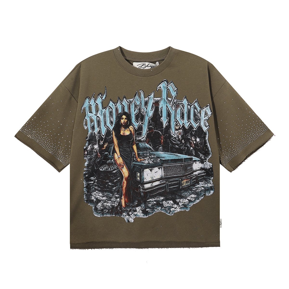BKYS Revival Money Race Rhinestone Cropped Short-Sleeve T-Shirt