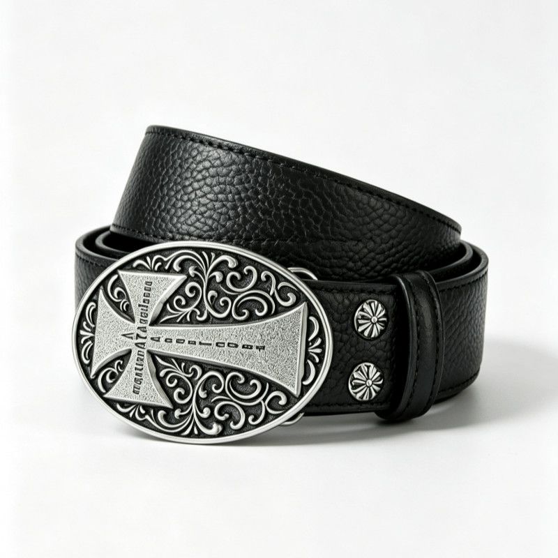 Cross Engraved Litchi Grain Leather Belt Removable Buckle Jeans Waist